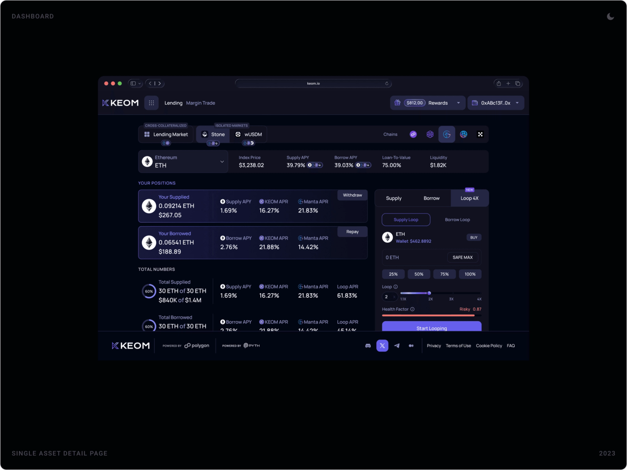 KEOM single asset page for ETH with price, APYs, user positions and a supply, borrow and loop panel