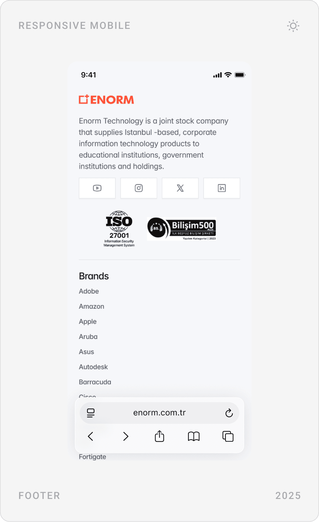 Mobile newsletter sign-up, footer with company description and certification badges, and footer link lists