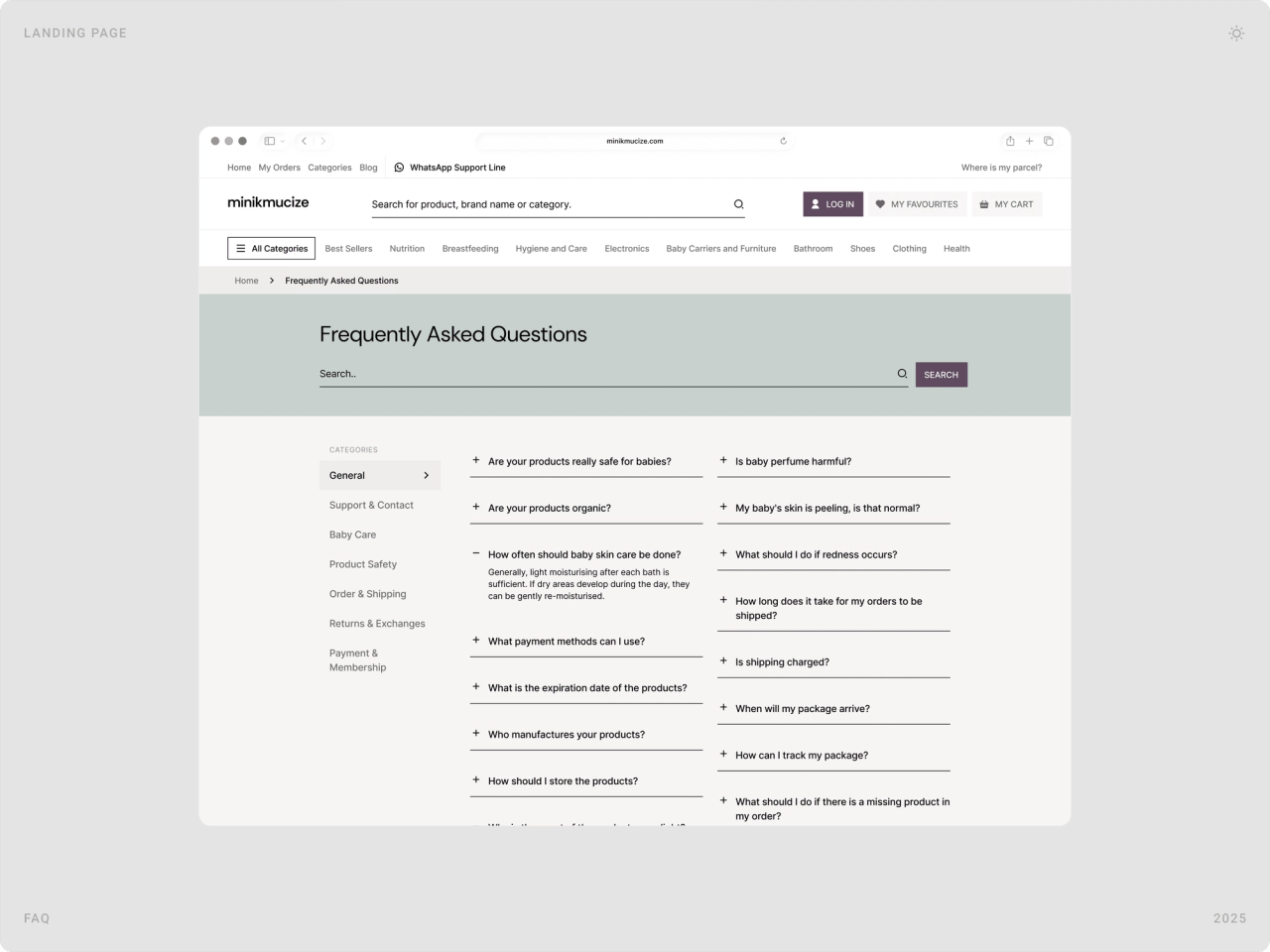 Frequently asked questions page with a search bar, topic list and expandable questions about safety, orders and shipping