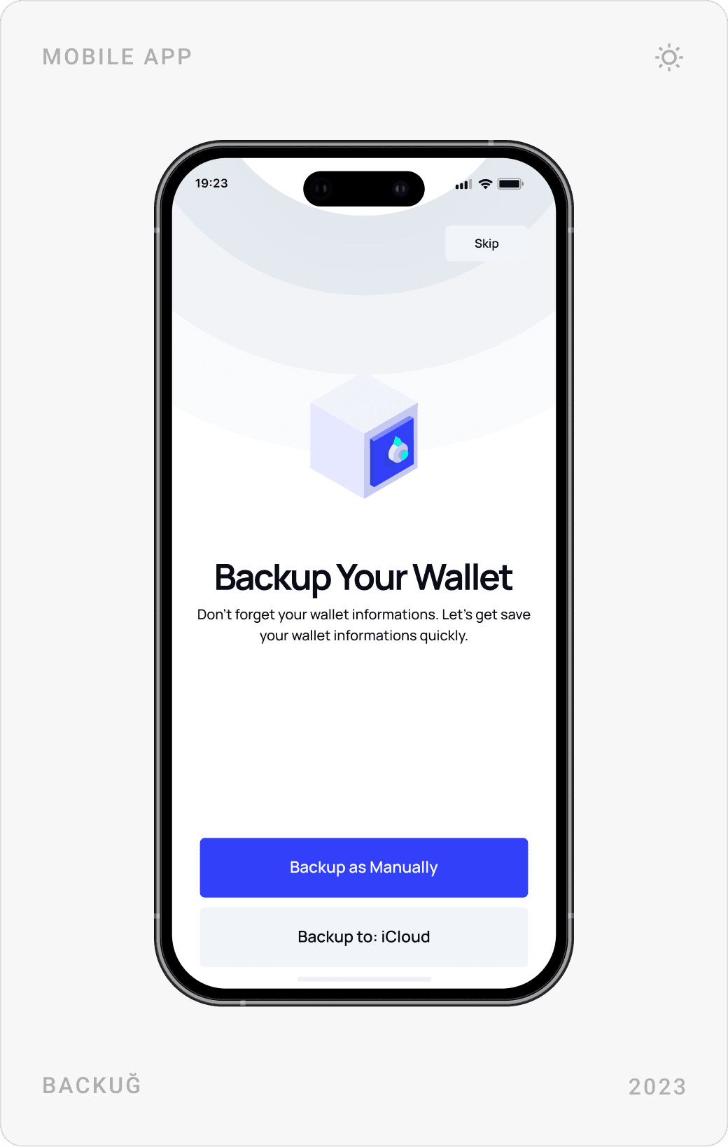 Welcome passcode screen with keypad, Import Wallet screen, and Backup Your Wallet screen with iCloud and manual options