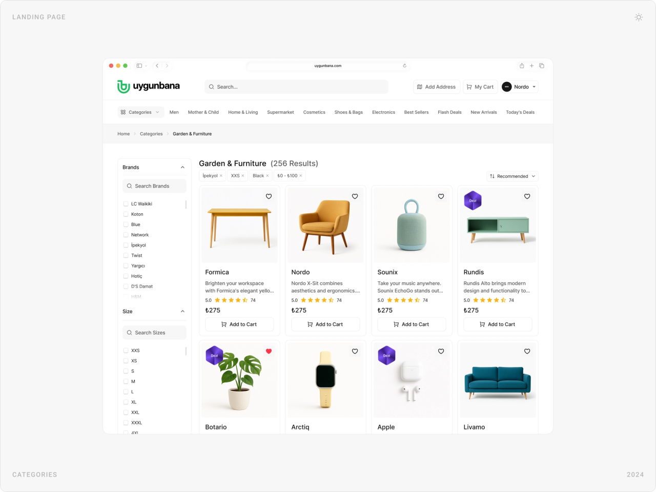 Garden and furniture category page with brand and size filters in a side column and a product grid