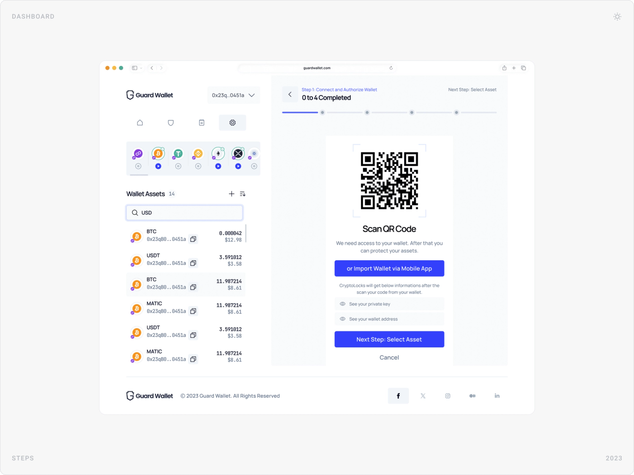 Protection setup step 1: Scan QR Code to connect a wallet, with an option to import via the mobile app