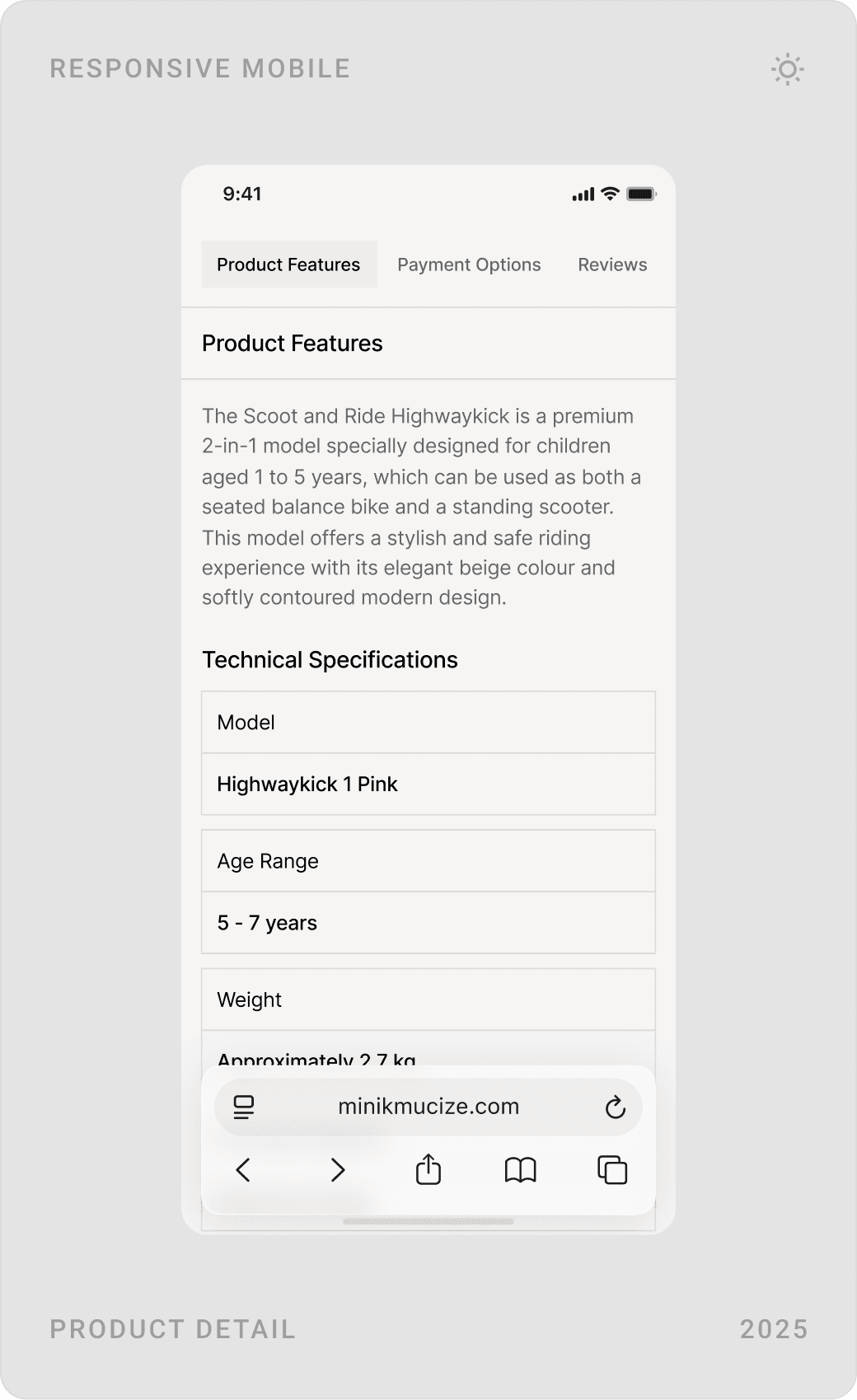 Mobile product detail: product image, colour and size selection with price and add to cart, and product features