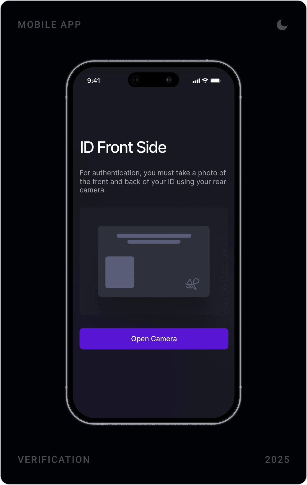 Enter Digit Code verification screen, Unsuccessful error screen with Try Again, and ID Front Side capture screen with Open Camera