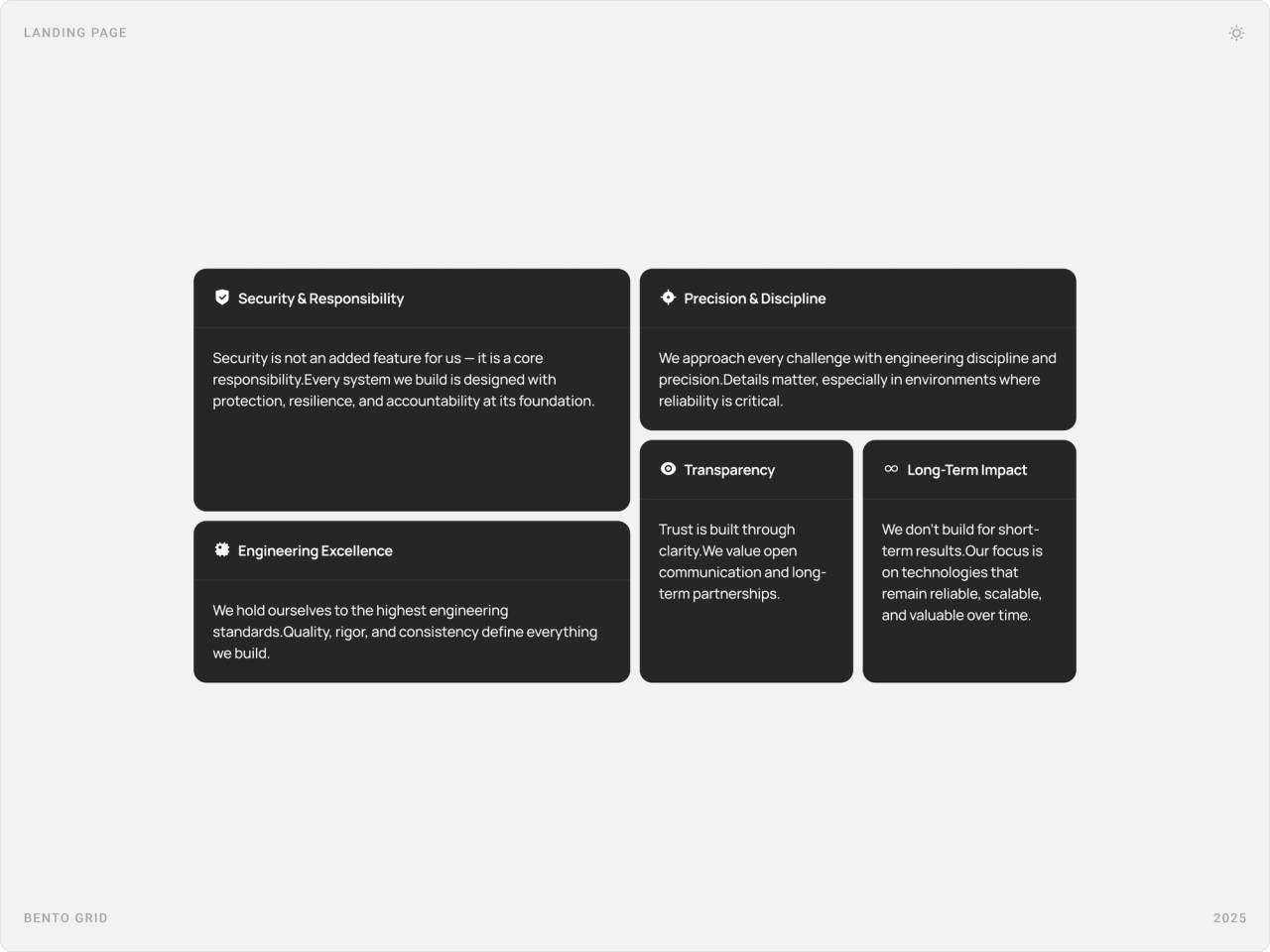 Dark bento grid of company values: security and responsibility, precision and discipline, engineering excellence, transparency, long-term impact