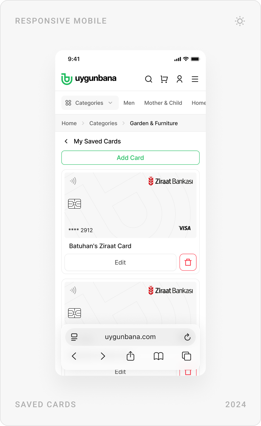 Mobile saved cards, a store coupon with minimum spend, and the add card form