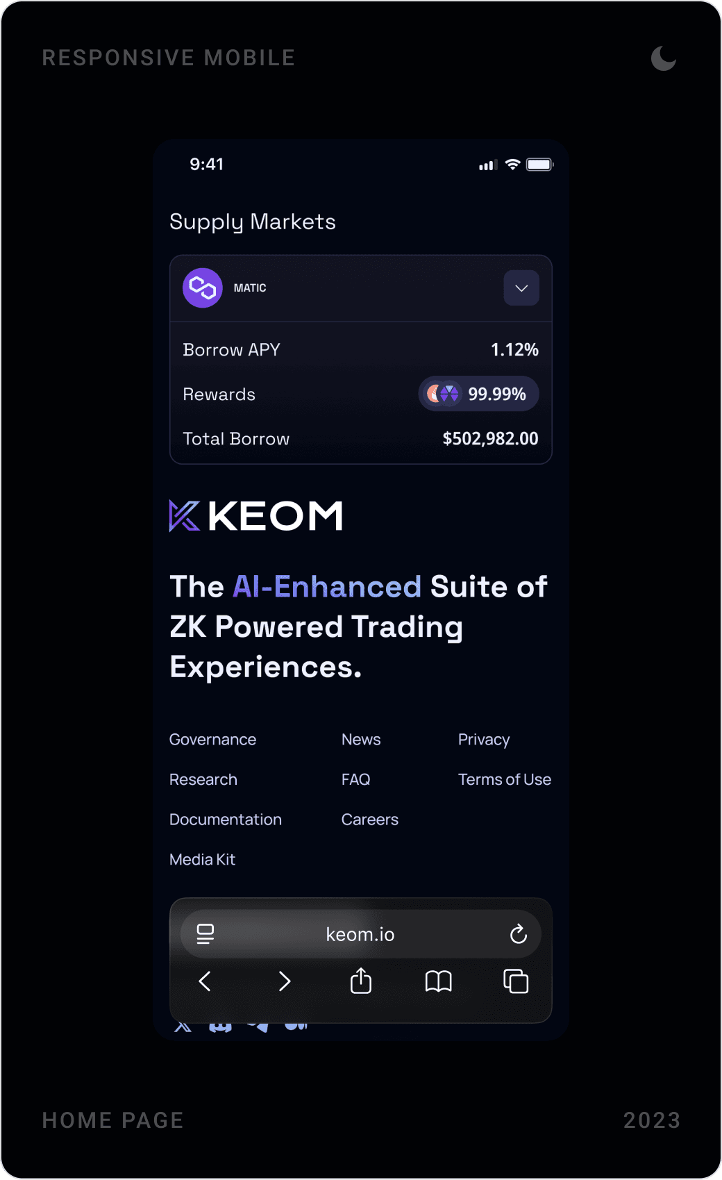 KEOM mobile home: zkEVM bridge banner with risk bars, supplied and borrowed assets, and supply markets with footer