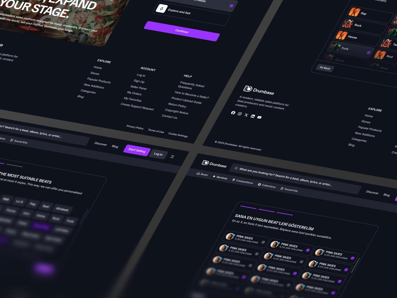 Drumbase · Beat Pazaryeri Koyu Sayfalar ve Footer