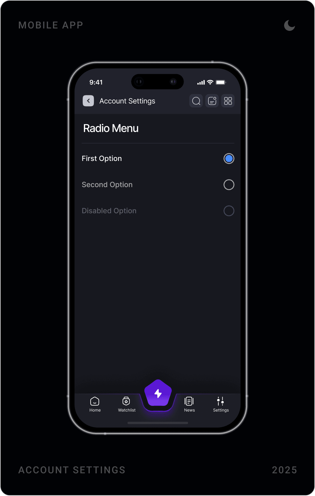 Account settings check menu and radio menu screens, and Notifications list with unread and read items