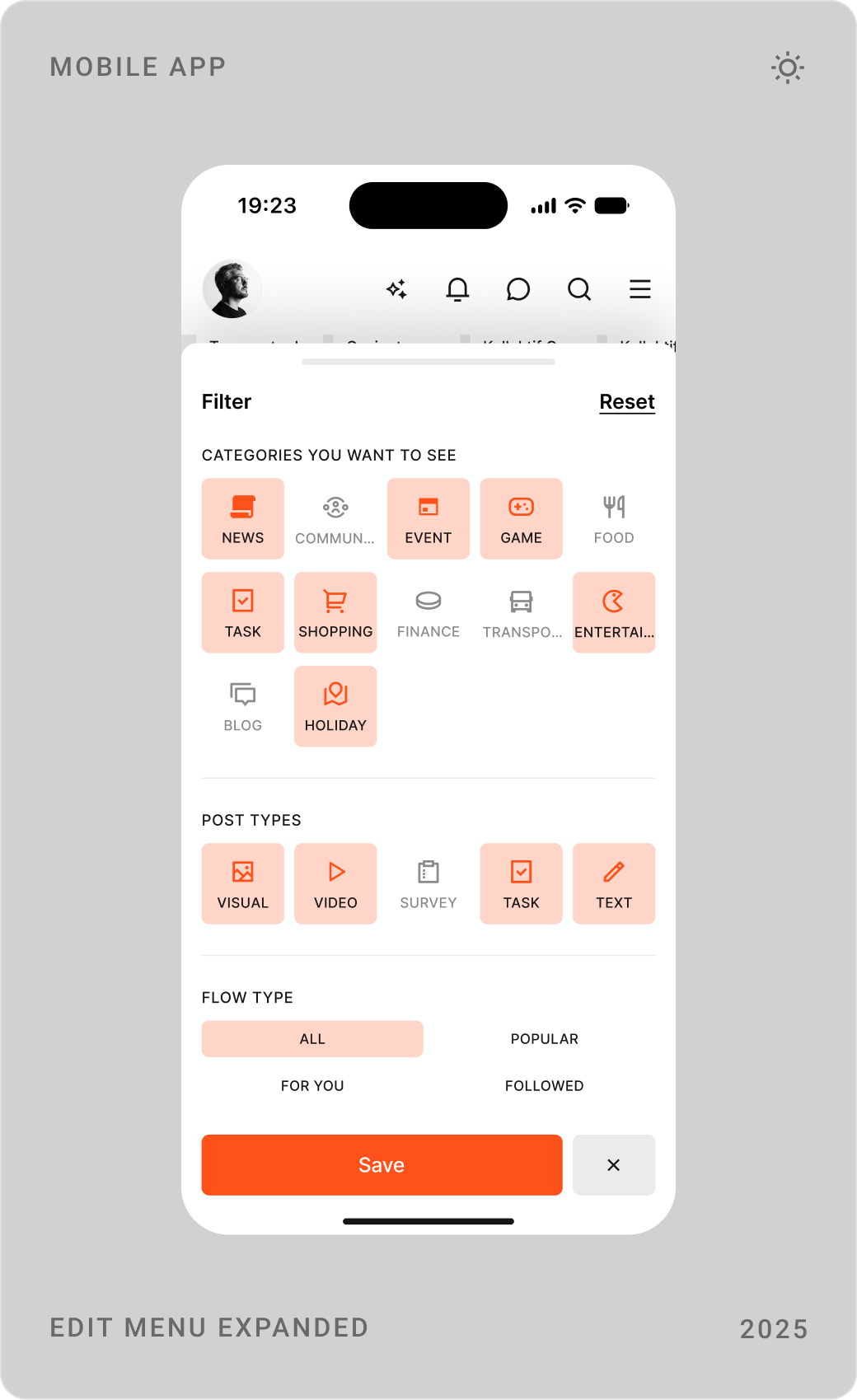 Omuz mobile screens: edit menu with category grid, menu drawer and expanded filter with categories and post types