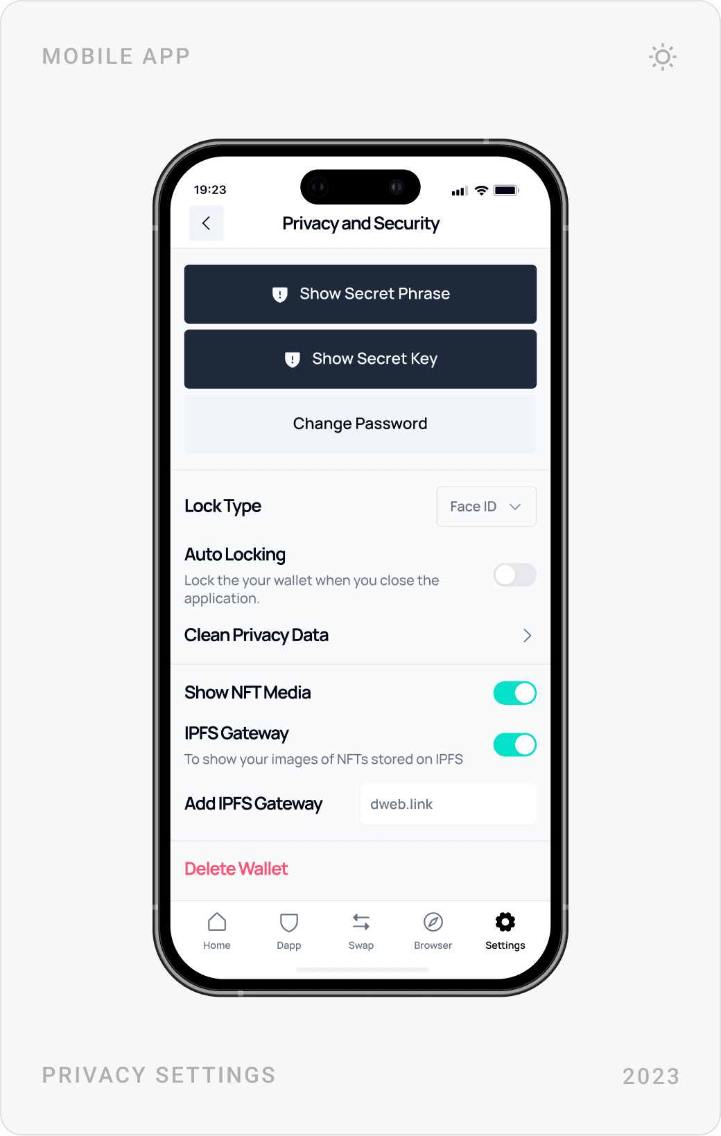 Settings menu, Privacy and Security settings with toggles, and a network list with mainnets and testnets