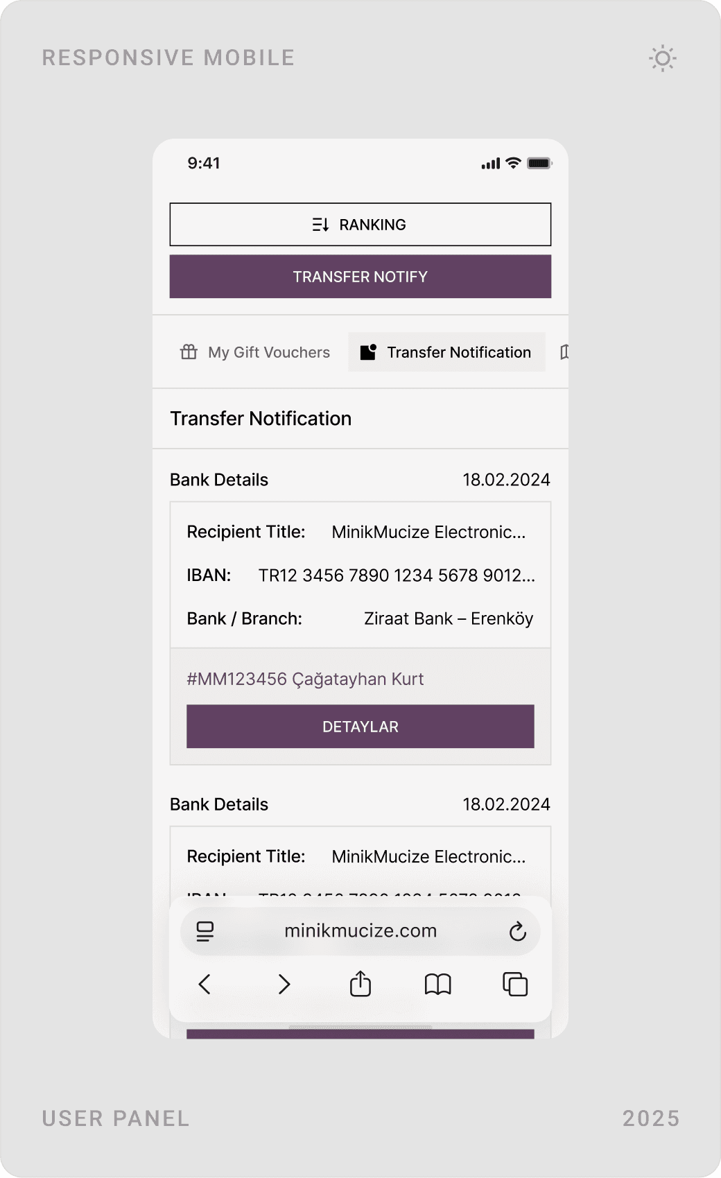 Mobile account screens: gift vouchers, bank transfer notification form and saved addresses