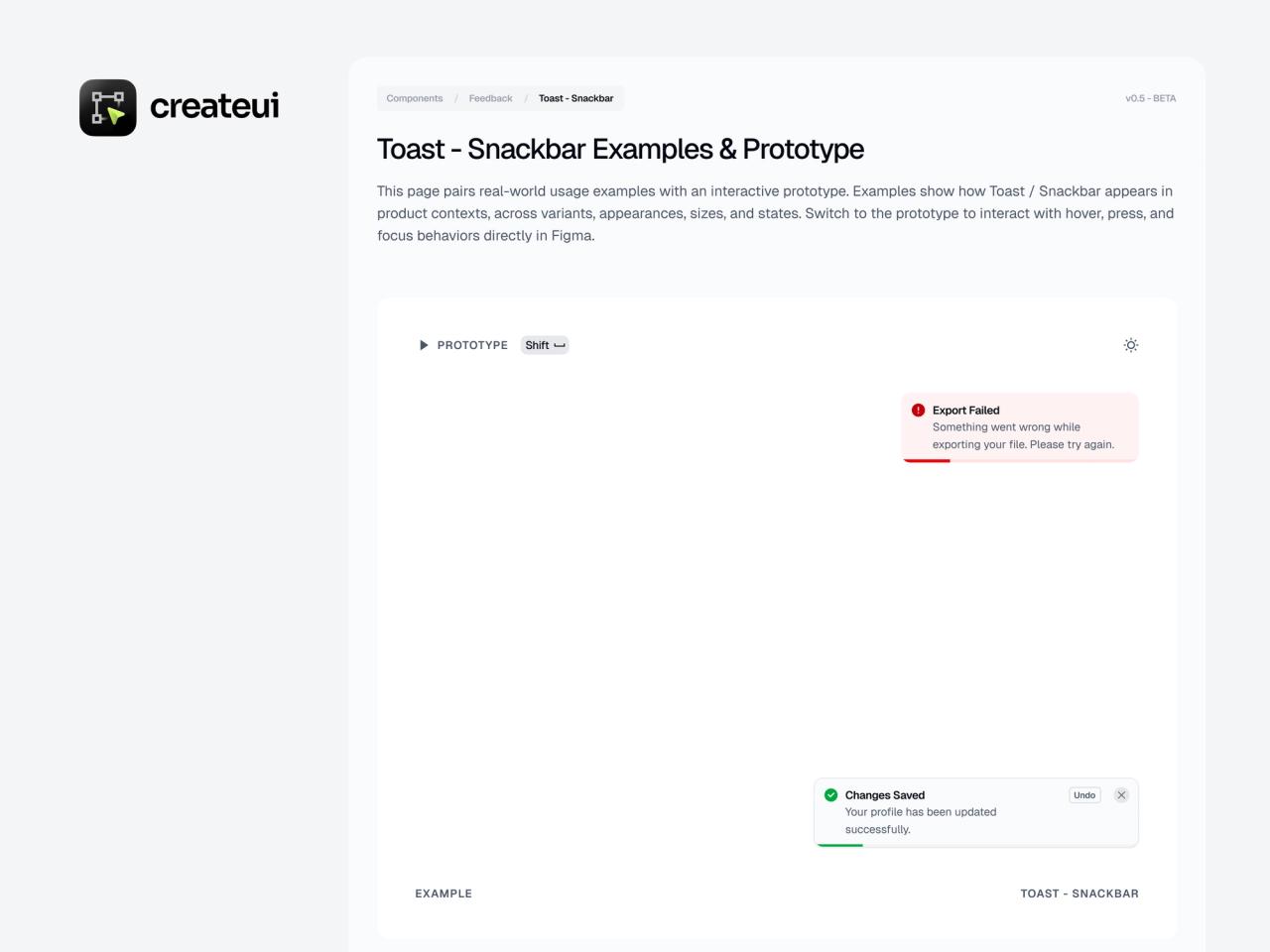 Toast / Snackbar guideline page with variant rules, next to an interactive prototype showing an error and a success toast