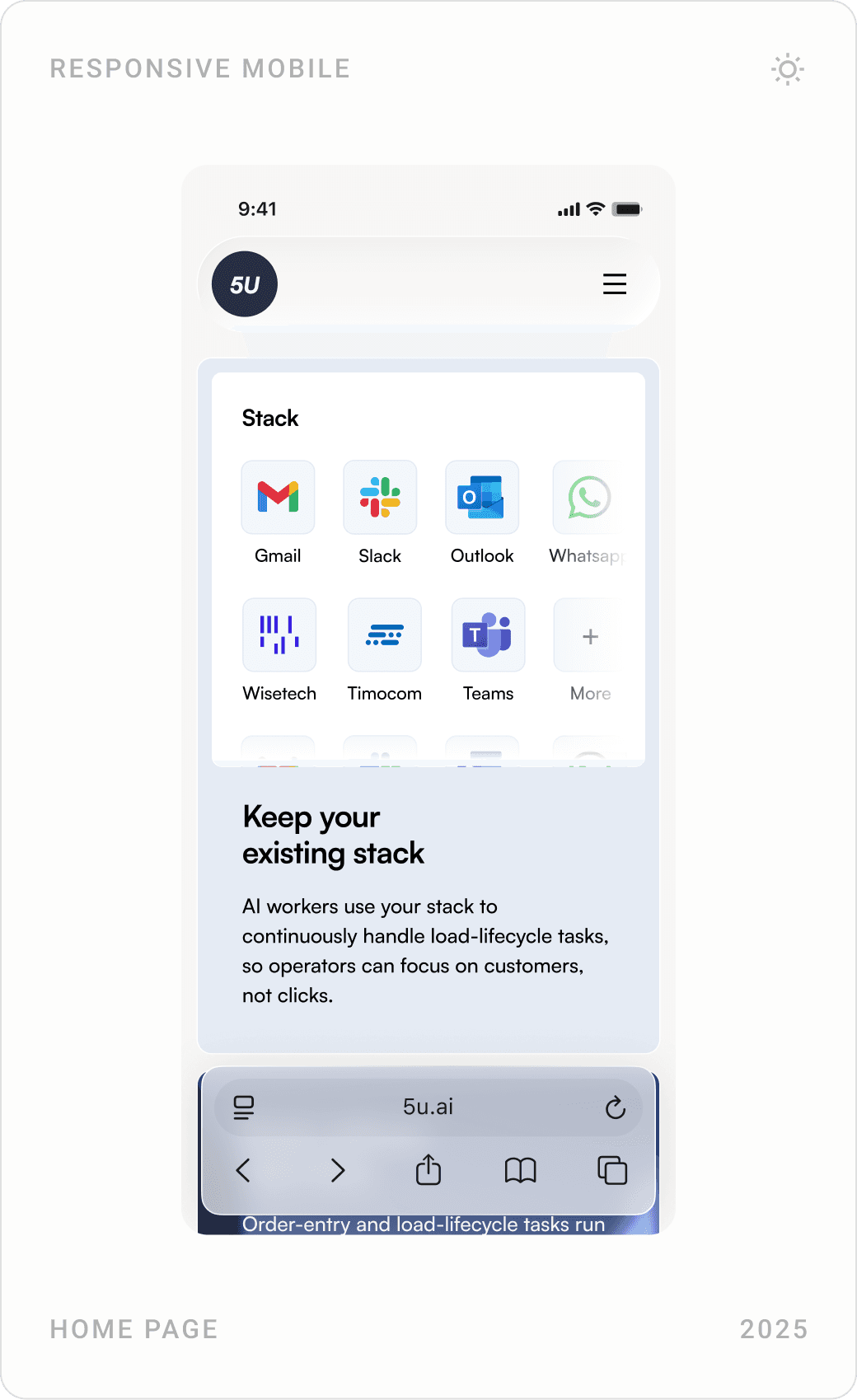 Mobile homepage screens for 5U AI: hero, how it works, and stack integrations