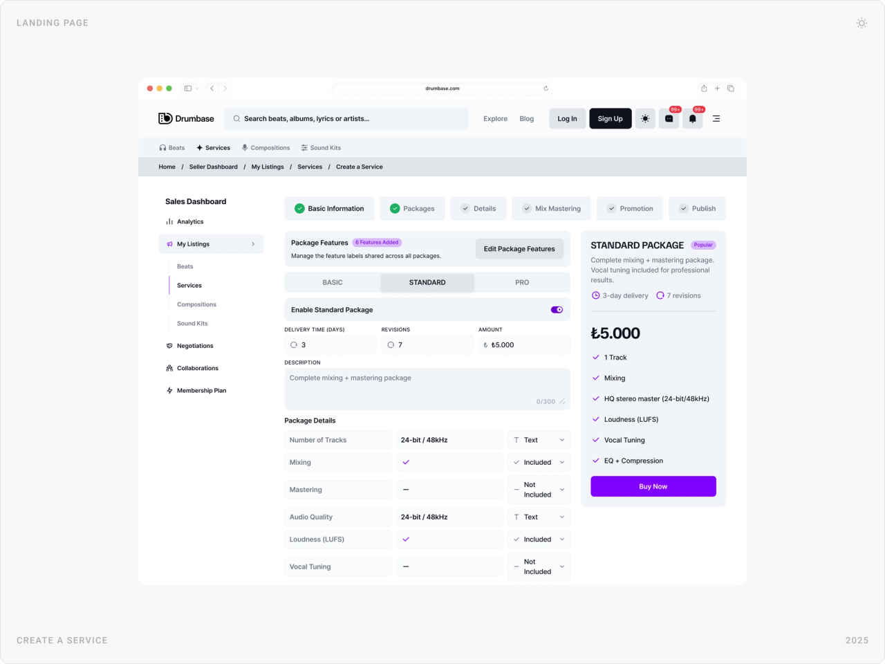 Create a service form with basic, standard and pro package details and delivery options