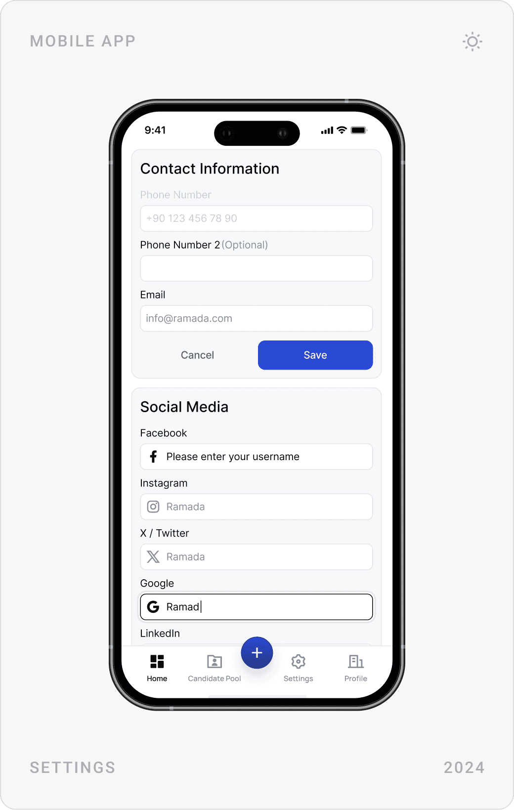 Mobile empty message state, Company Information settings form, and Contact Information with social media fields