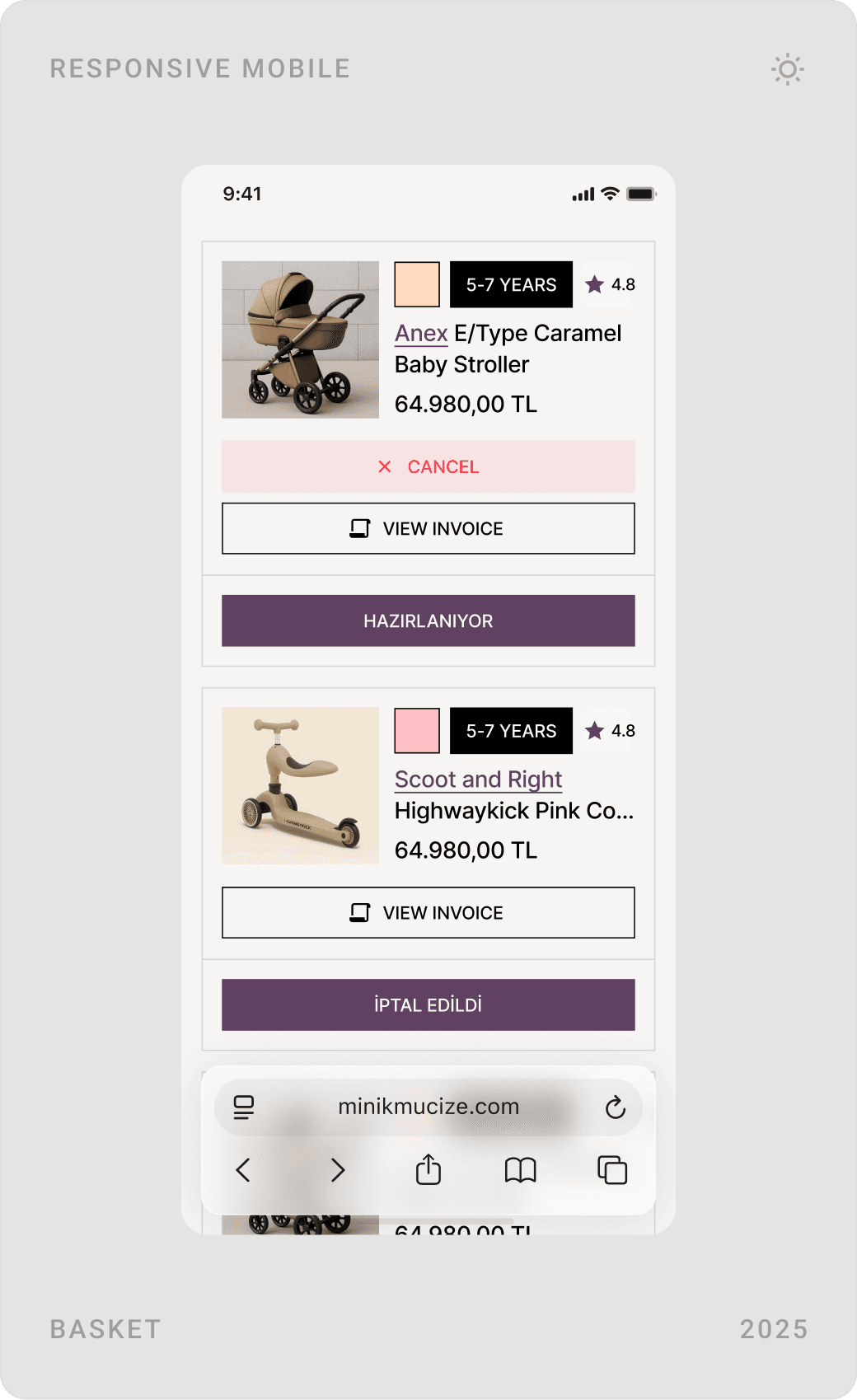 Mobile basket, “Where is my parcel?” tracking form with order code and email, and order cards with status and invoice