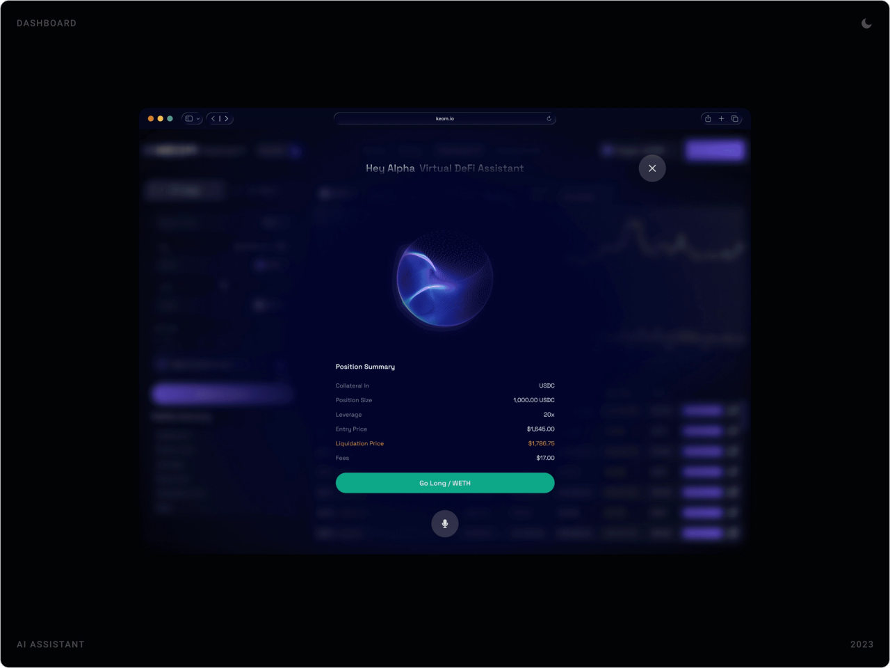 “Hey Alpha, Virtual DeFi Assistant” overlay with a glowing 3D orb, position summary and a Go Long button