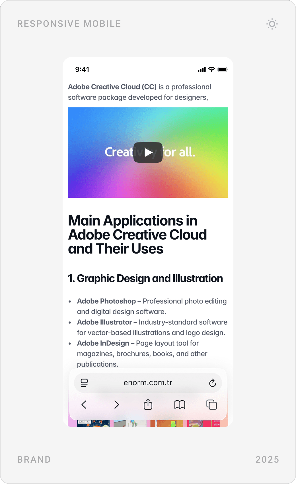 Mobile Adobe brand page: hero, main applications of Adobe Creative Cloud and a comparison table with Affinity Suite and Canva Pro