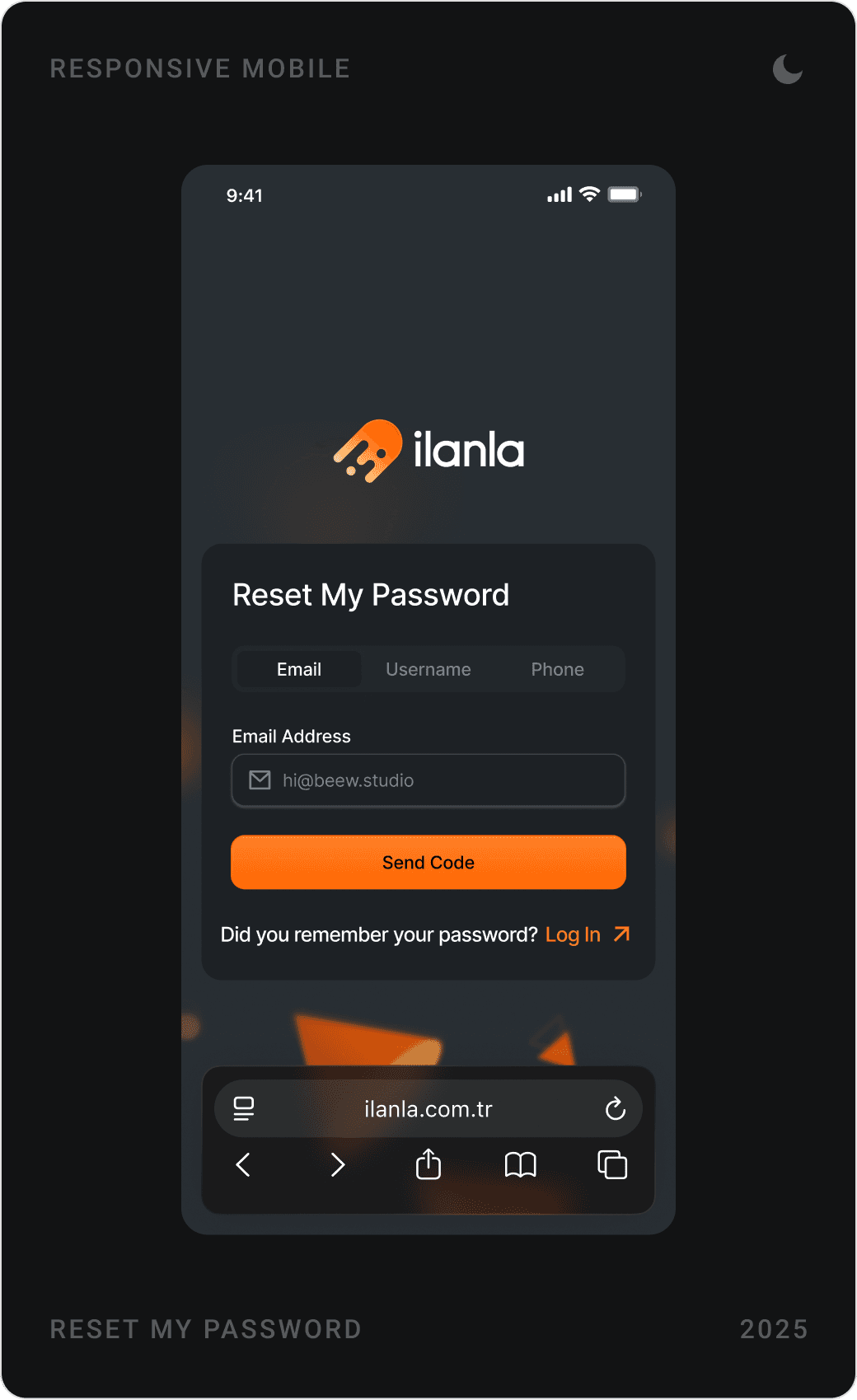 Dark mobile Log In, Sign Up and Reset My Password screens with social login options
