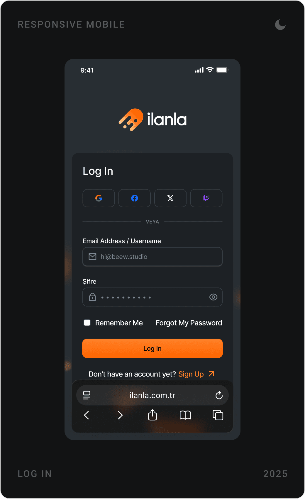 Dark mobile Log In, Sign Up and Reset My Password screens with social login options