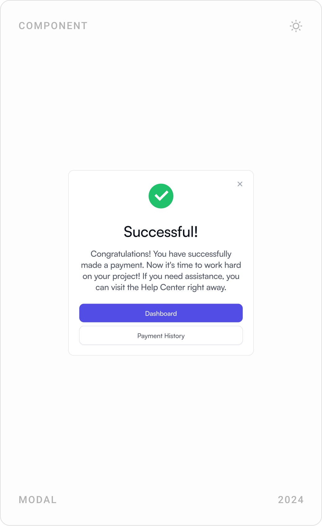Notifications modal, “Successful!” payment confirmation with dashboard and payment history buttons, and add new card form