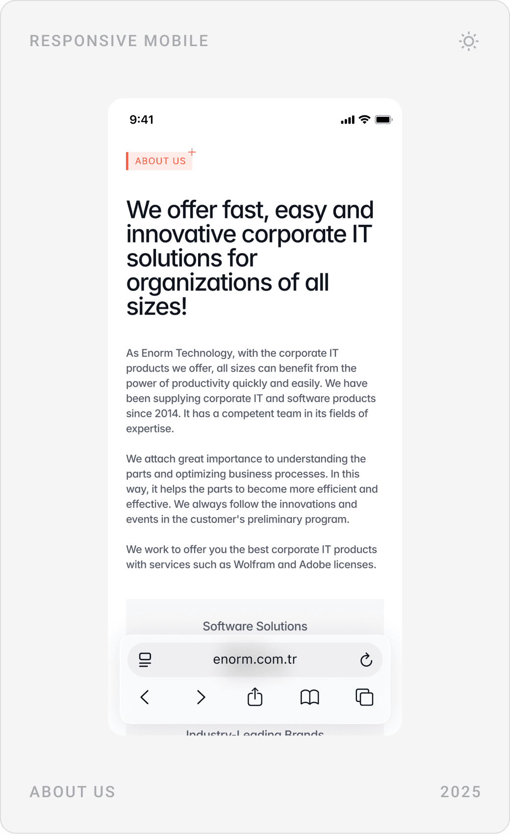 Mobile about page: “At Enorm Technology, we meet organizations’ corporate IT product needs”, team photos and company text