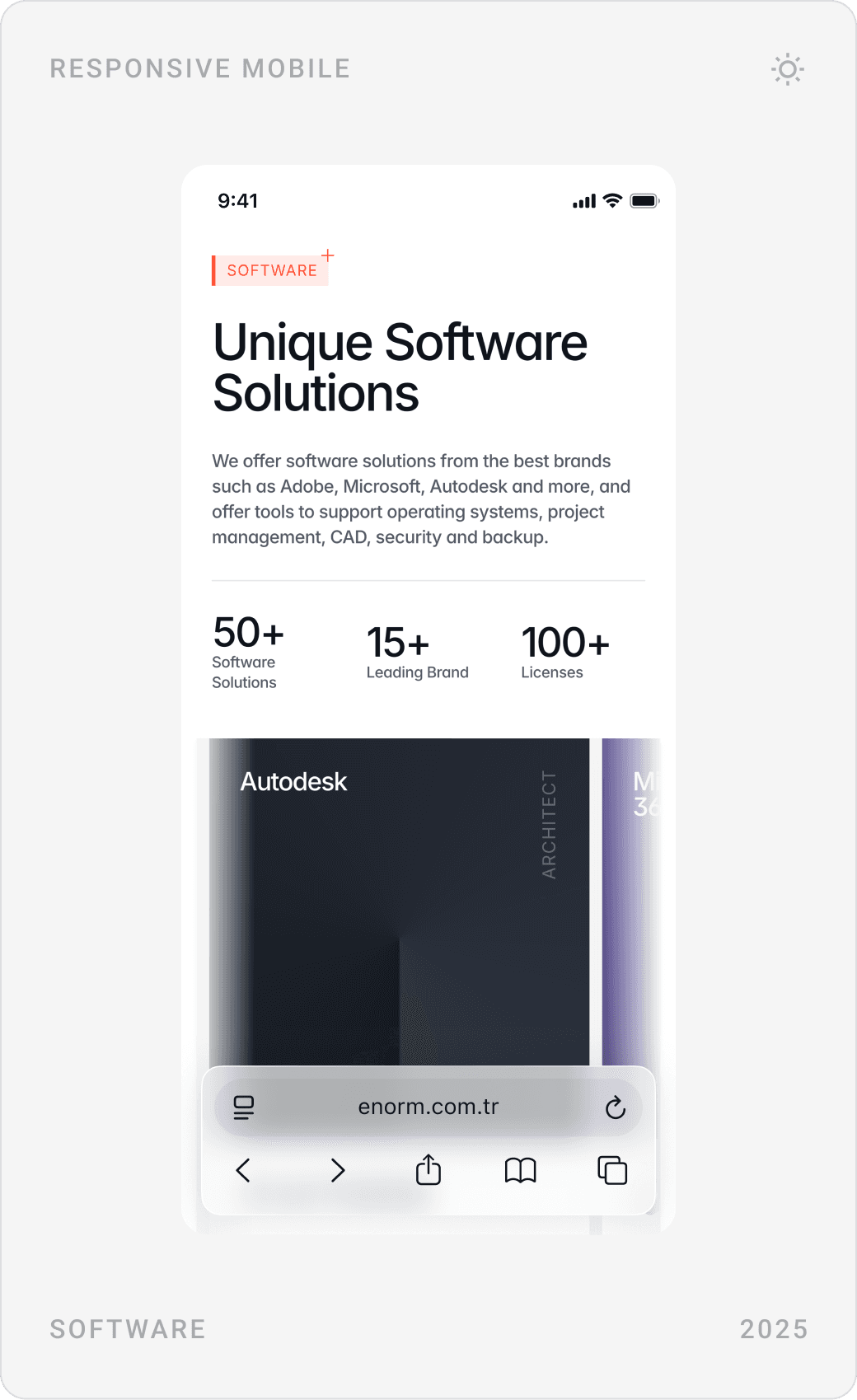 Mobile company story, team photo collage and “Unique Software Solutions” with 50+, 15+ and 100+ figures