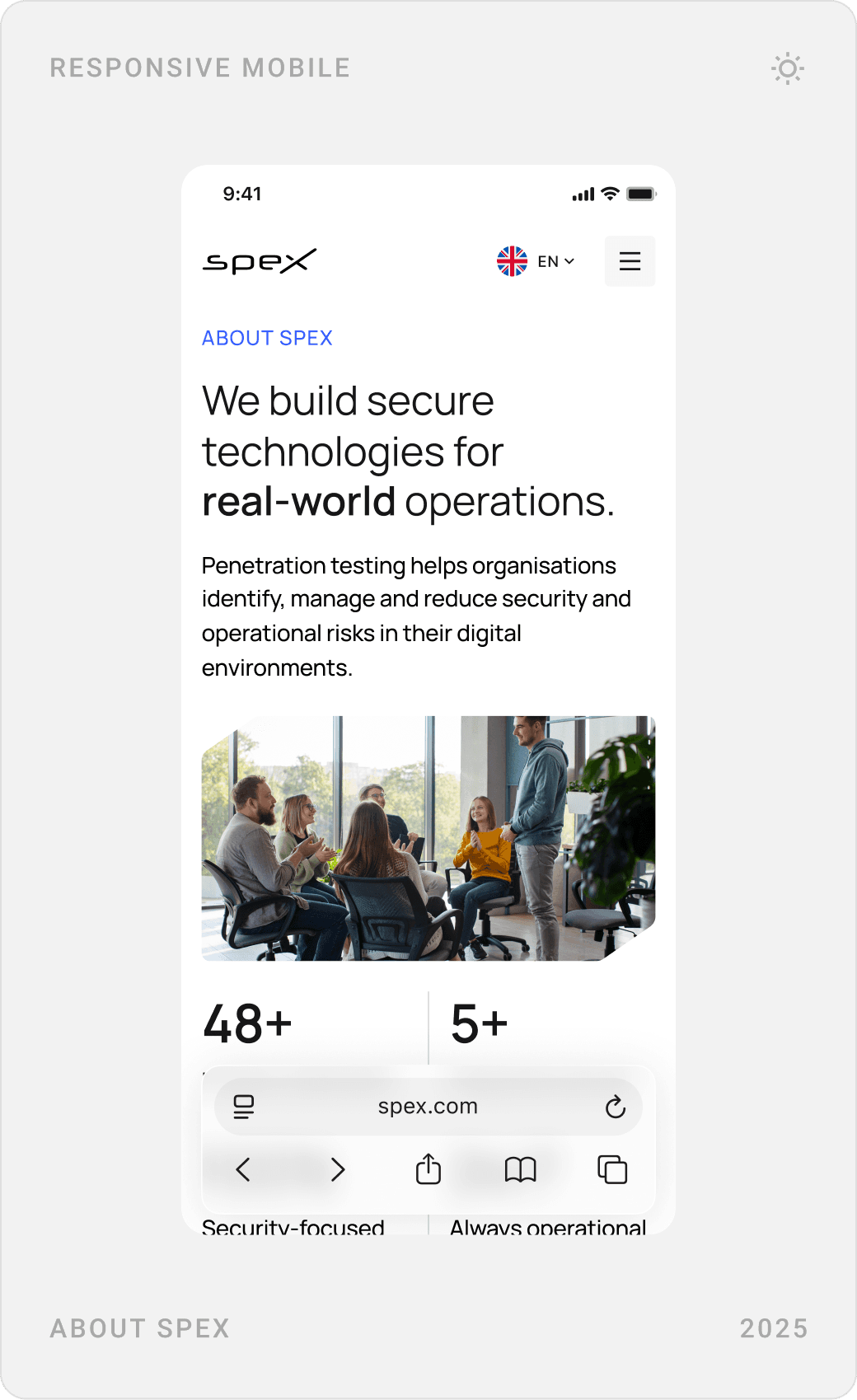 Mobile about page: “We build secure technologies for real-world operations”, who we are, and an “Expert Minds” team section