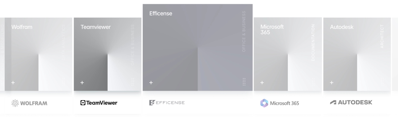 Logo carousel of Wolfram, TeamViewer, Efficense, Microsoft 365 and Autodesk cards with grey gradients