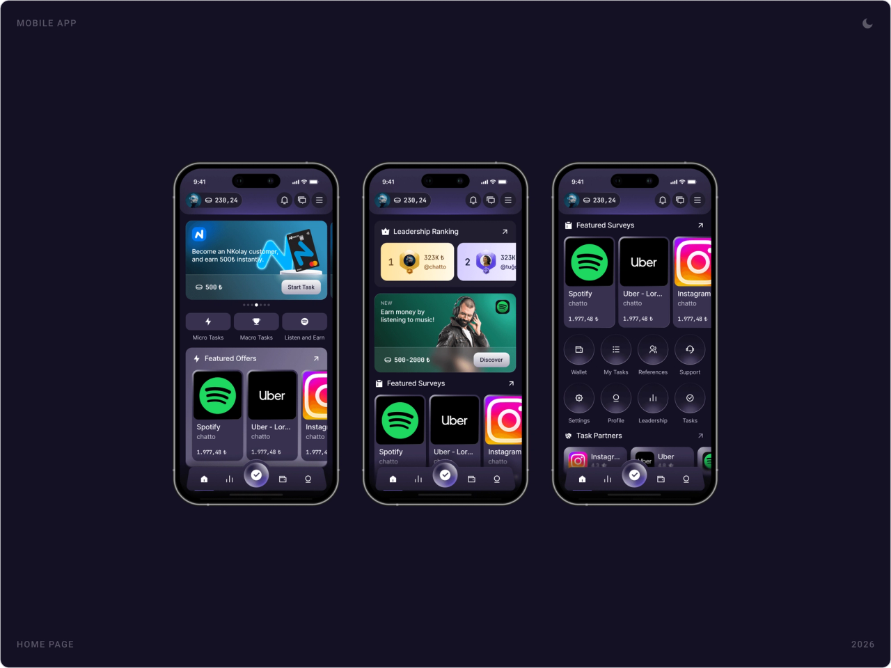 Three Kiqro home screen variations with featured offers, leadership ranking, featured surveys and a grid of quick actions