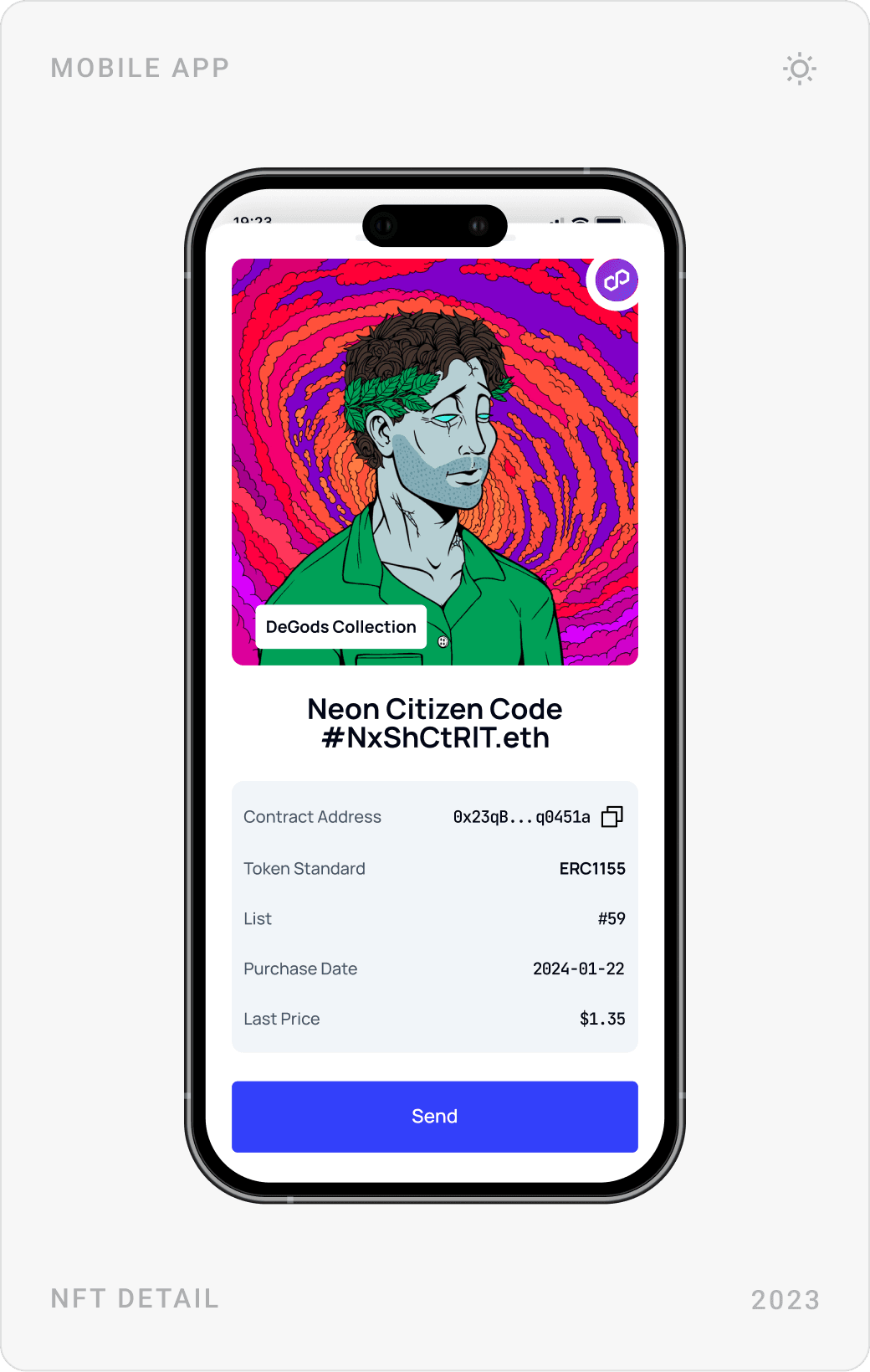 NFT tab empty state, NFT collection grid, and NFT detail page for “Neon Citizen Code” with a Send button