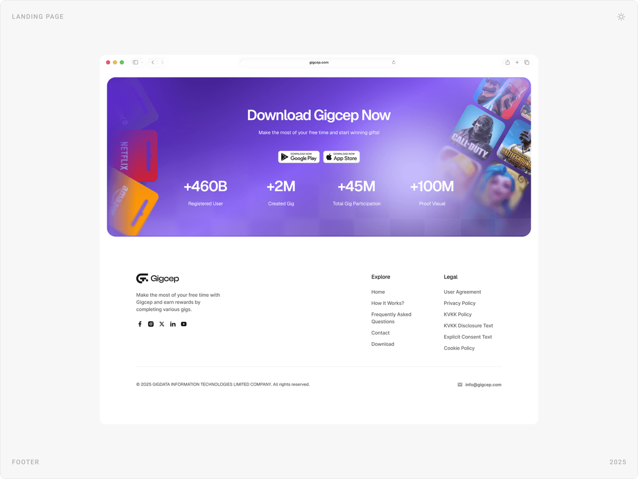 Light version of the “Download Gigcep Now” banner and footer with explore and legal links