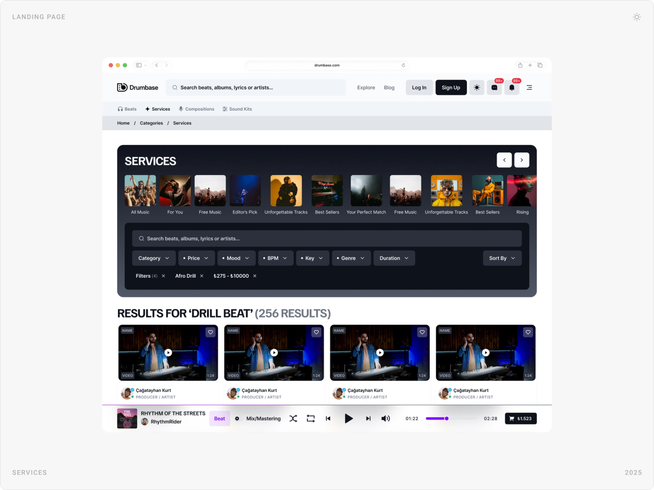 Services search results for “drill beat” with filters for category, price, mood, BPM, key and duration