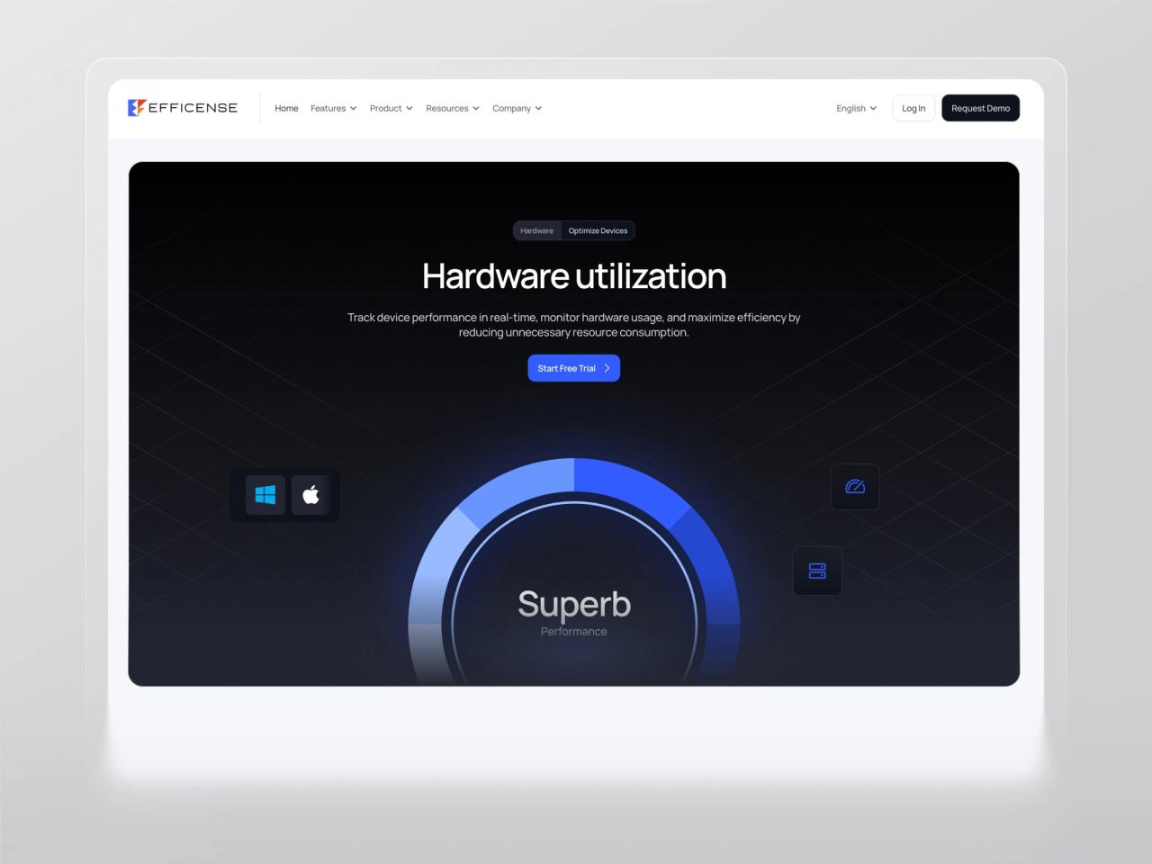 Efficense “Hardware utilization” page hero with a blue performance gauge reading “Superb”, Windows and macOS icons and Start Free Trial button