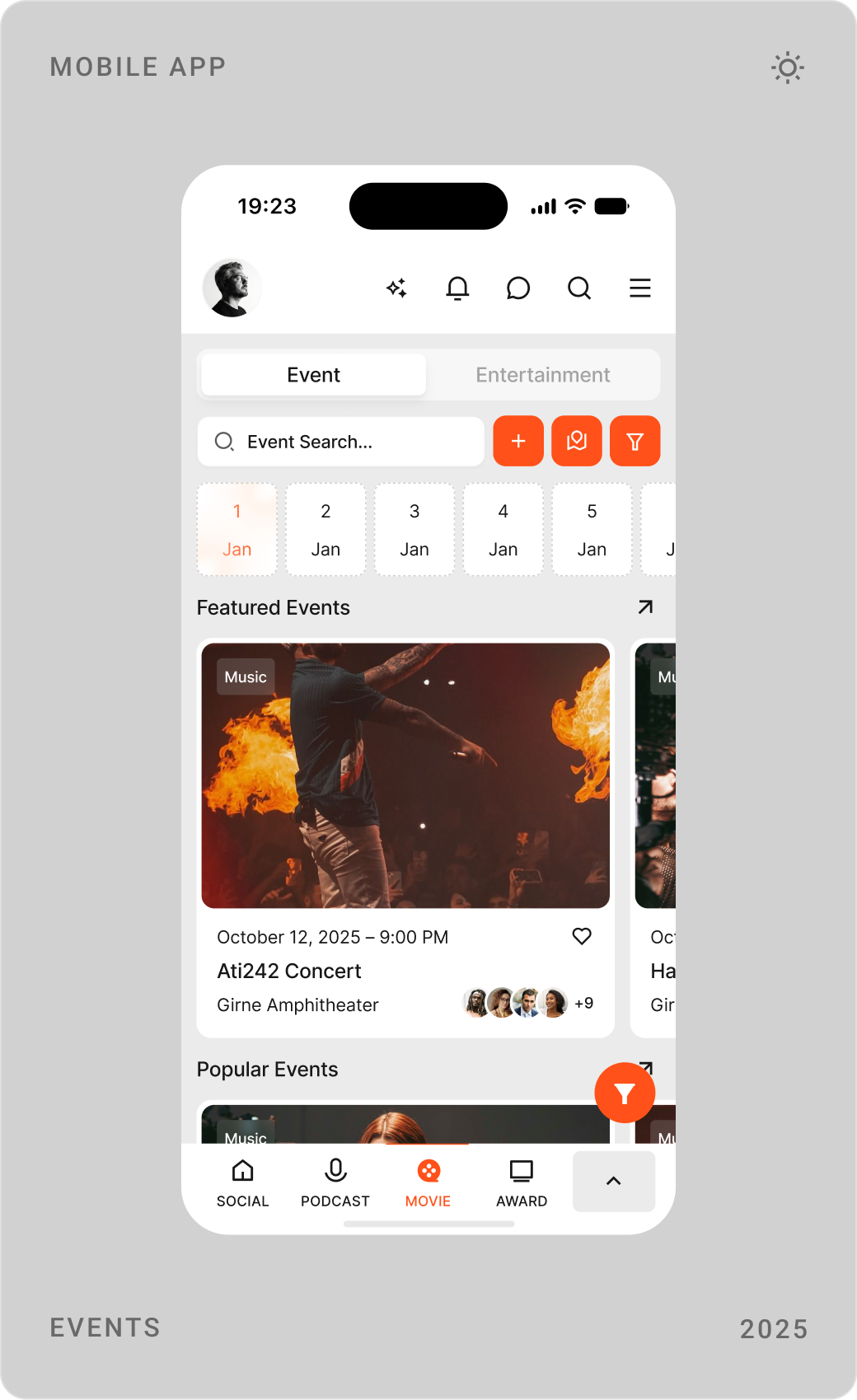 Events screen with featured and popular events, nearby events list and entertainment book lists