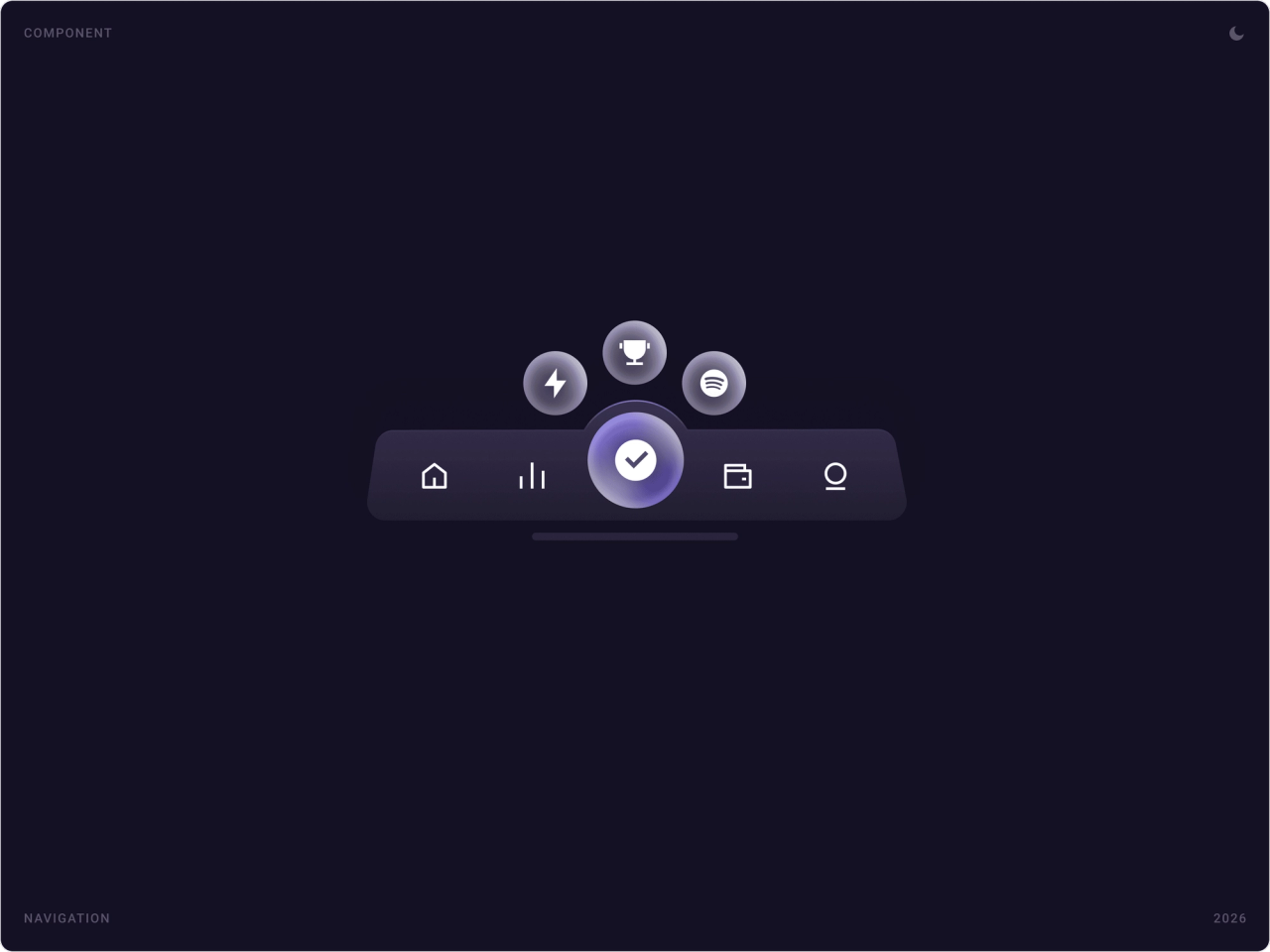 Kiqro tab bar with a raised centre button that fans out into tasks, leaderboard and Spotify shortcuts
