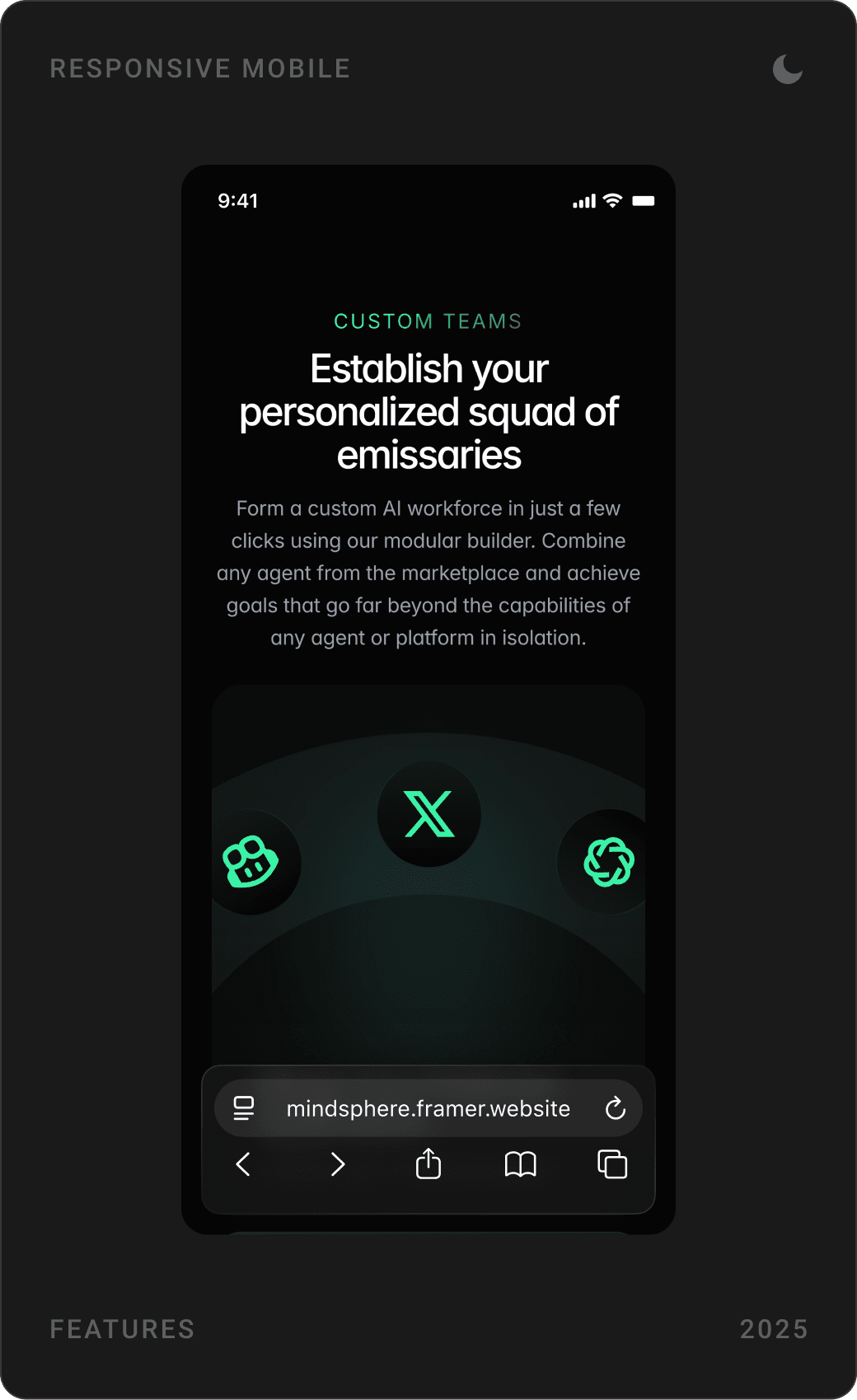 Mobile sections: explore AI operatives with a product designer agent, build a custom squad of agents, and merge your preferred applications