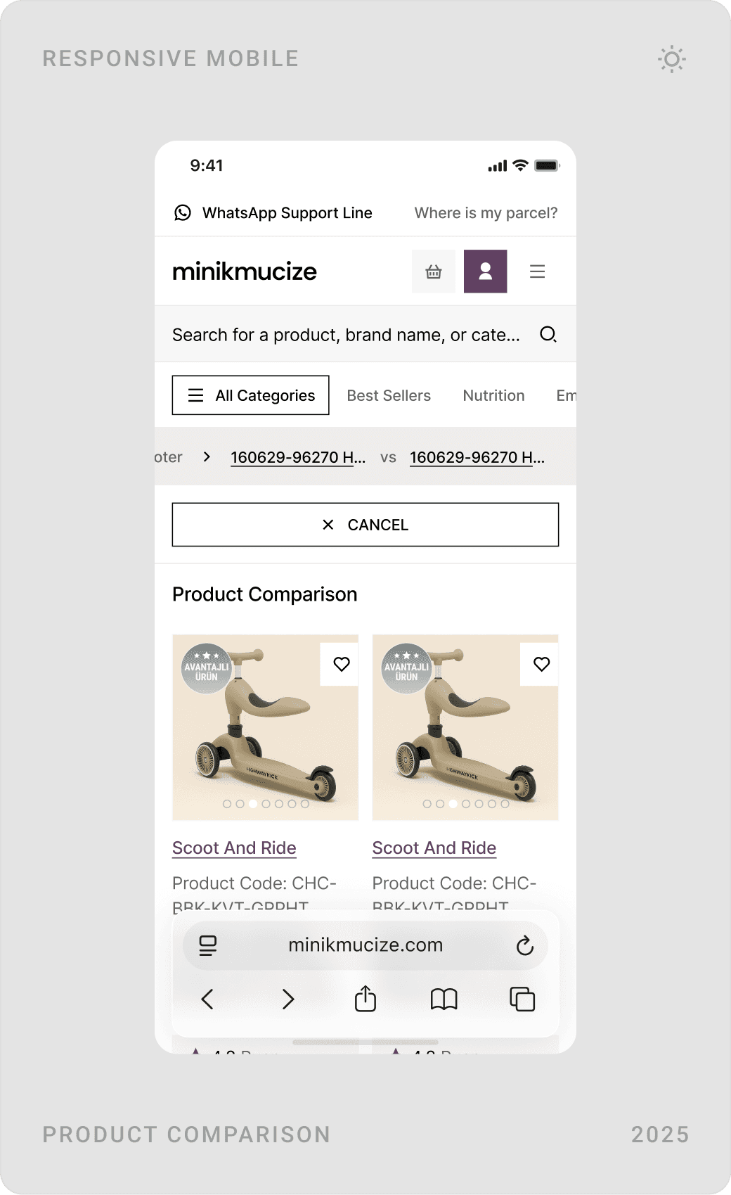 Mobile campaigns and offers page, “Our Story” about page, and a two-product comparison screen