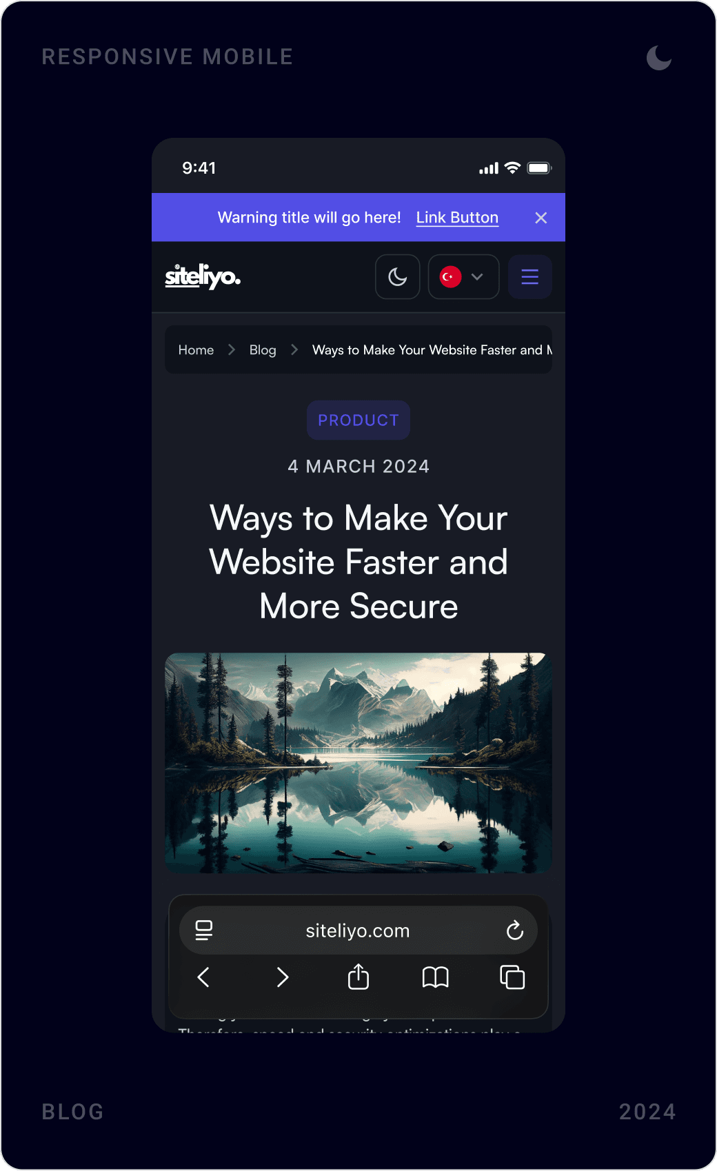 Mobile dark blog index, an article titled “Ways to Make Your Website Faster and More Secure” and the footer