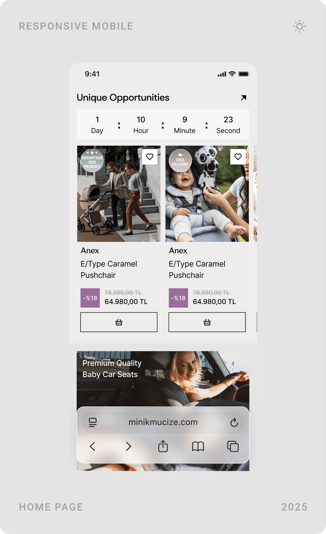 Mobile homepage screens: hero with search and categories, popular products, and unique offers with a countdown