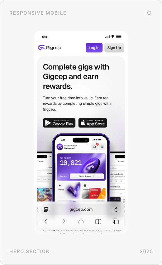 Mobile landing page: hero with store buttons, “Download Gigcep Now” banner, and the “Those Talking About Gigcep” and FAQ sections