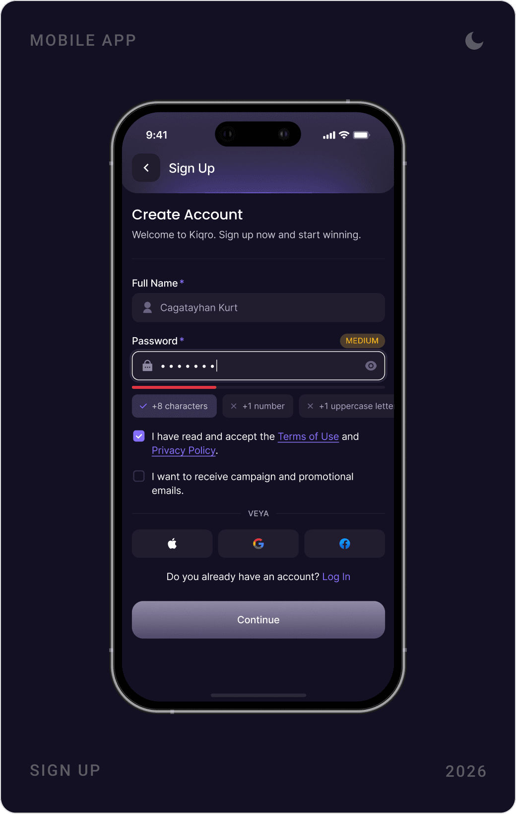 Kiqro sign-up screens: create account, complete your profile with username, phone, birth date and gender, and the login screen