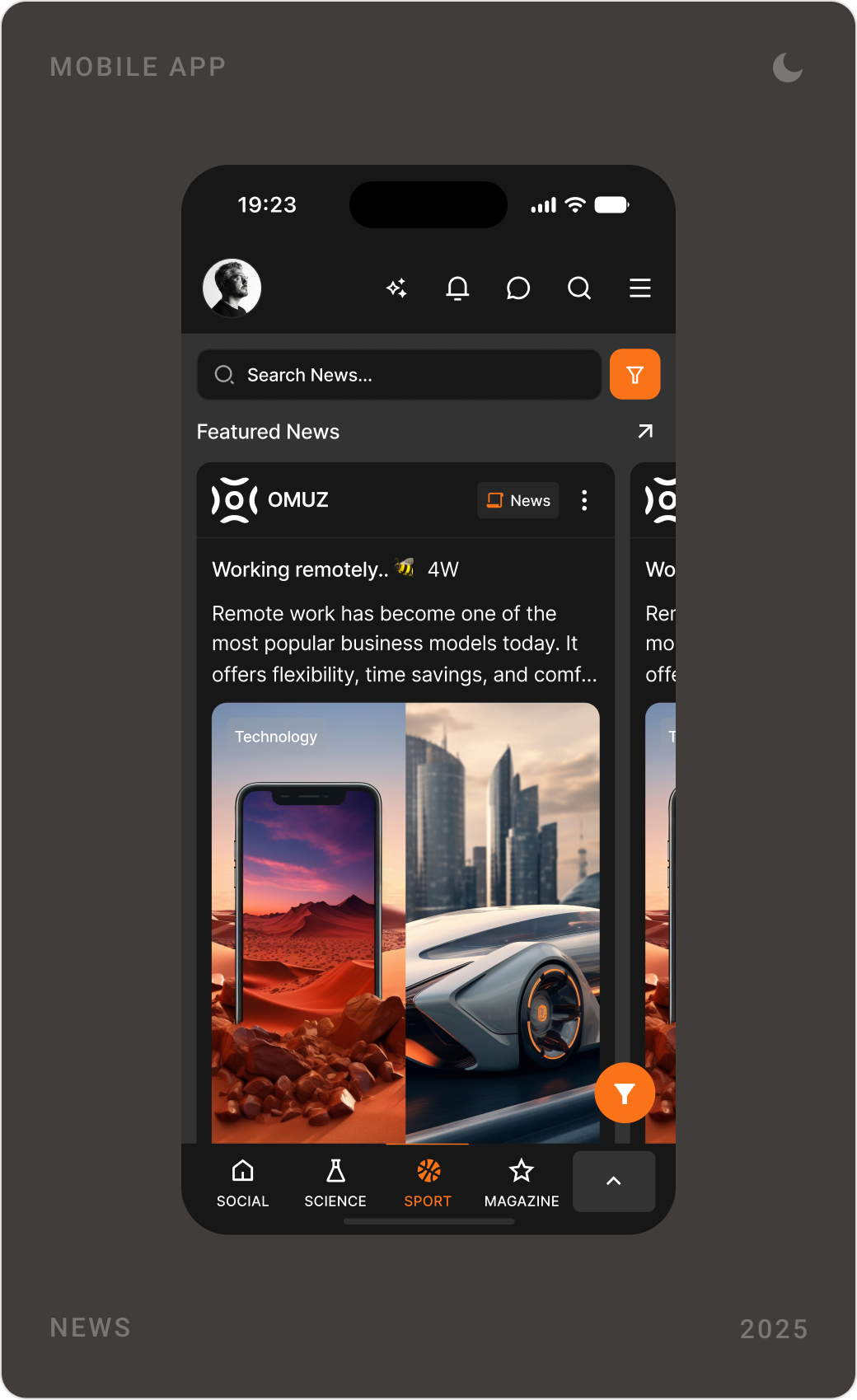 Dark mode screens: writing a comment with photos, the news feed with featured news, and a reply thread