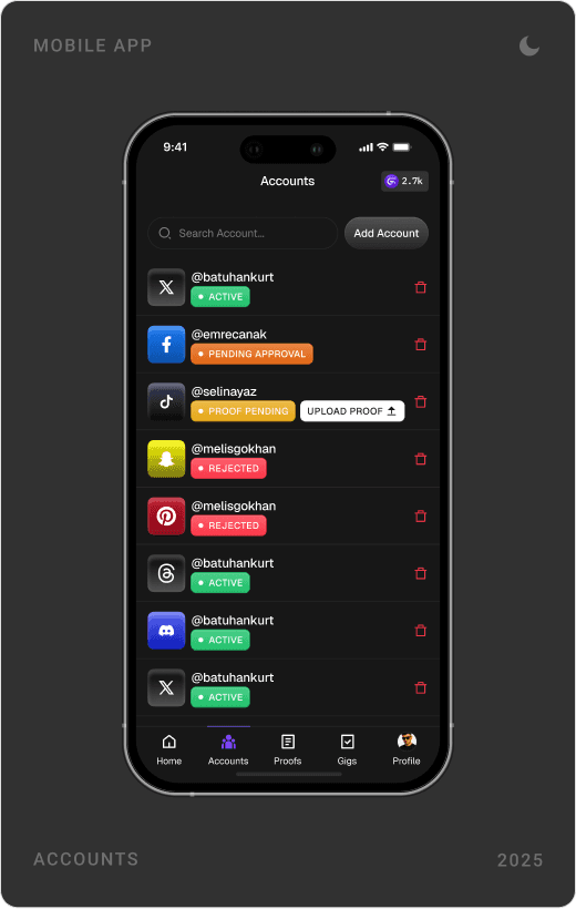 Add Account screen with Instagram and account rules, a platform picker modal, and a list of linked accounts with status tags