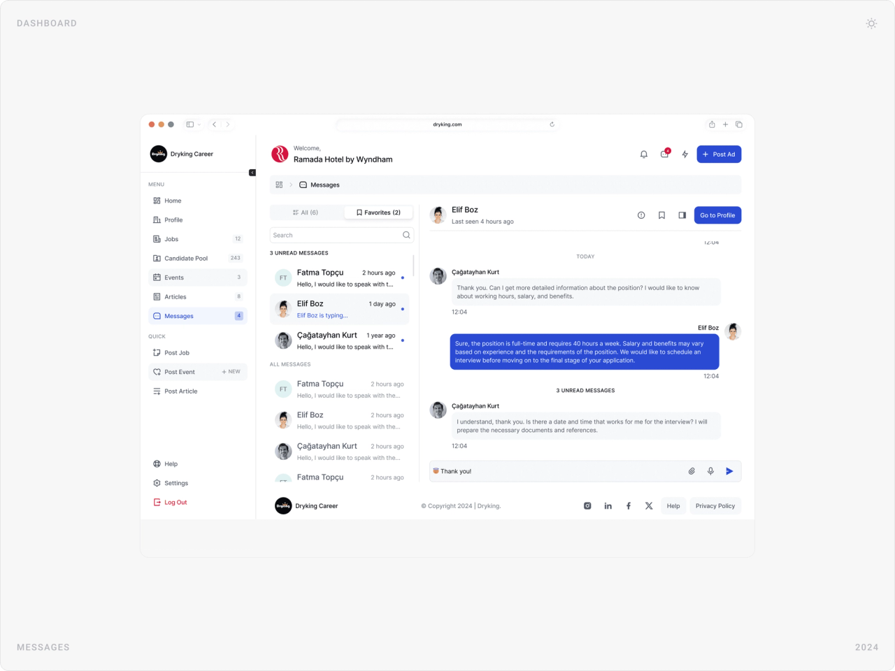 Messages page in the employer dashboard: unread and all conversations, chat with a candidate and Go to Profile button