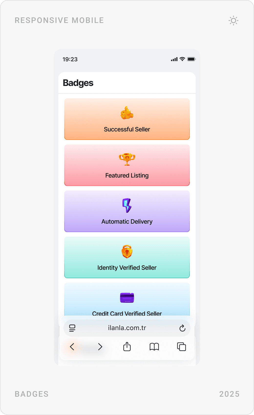 Mobile seller store with rating and badges, Followers list, and Badges screen: Successful Seller, Featured Listing, Automatic Delivery, Identity Verified