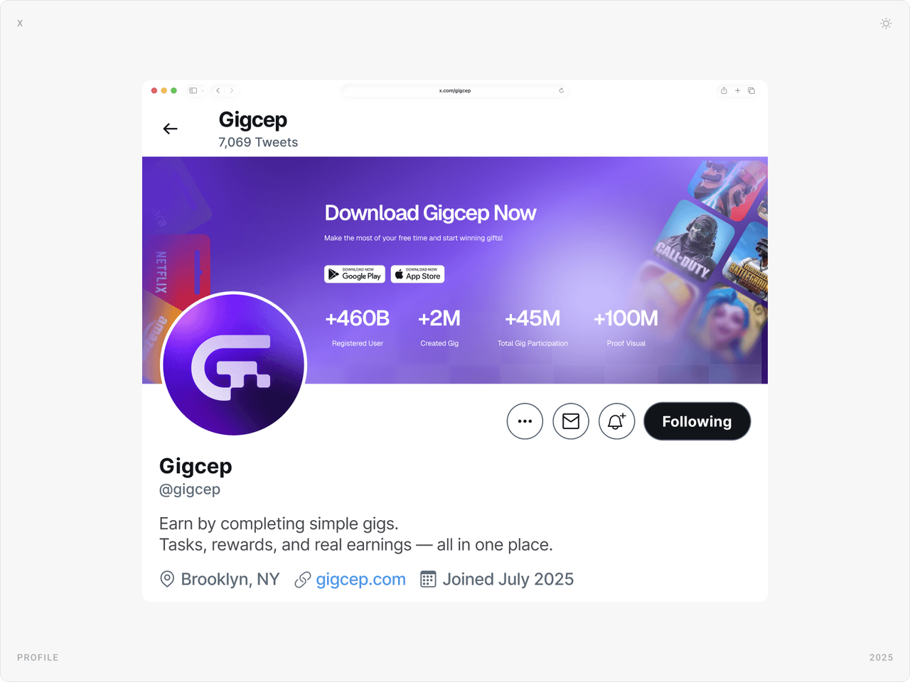 Gigcep social media profile with a “Download Gigcep Now” banner, the G avatar and the bio “Earn by completing simple gigs”