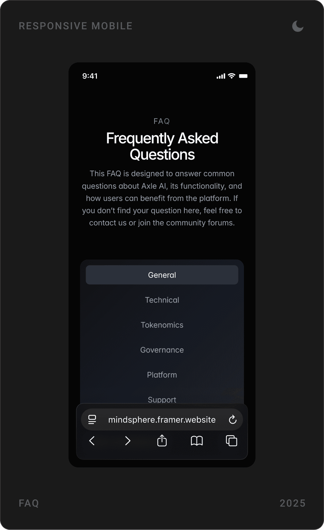 Mobile “Get MindSphere Token” section with 3D logo, FAQ with topic tabs, and closing call to action