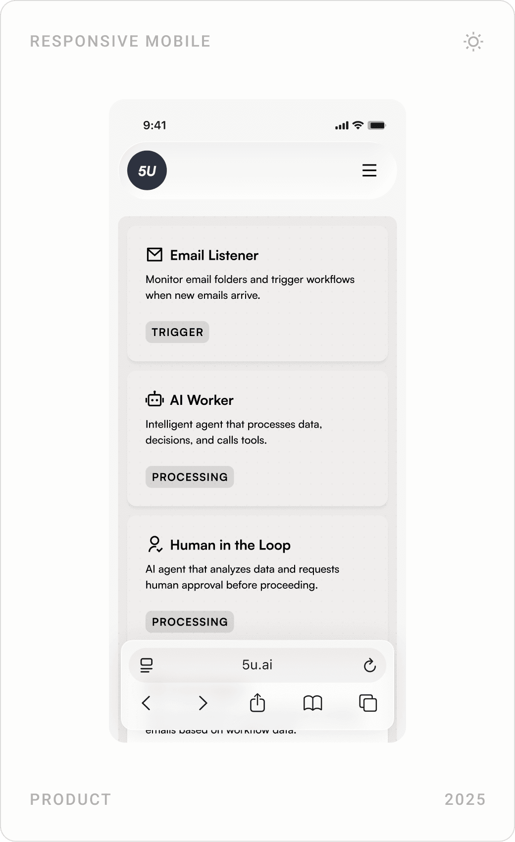 Mobile navigation menu, workflow builder and privacy policy page
